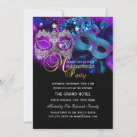 Pink Purple & Blue Masks Masquerade Party Invite