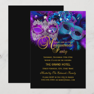 Pink Purple & Blue Masks Masquerade Party Invite