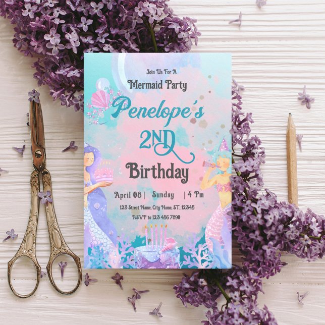  Pink purple blue mermaid themed Birthday Party Invitation (Creator Uploaded)