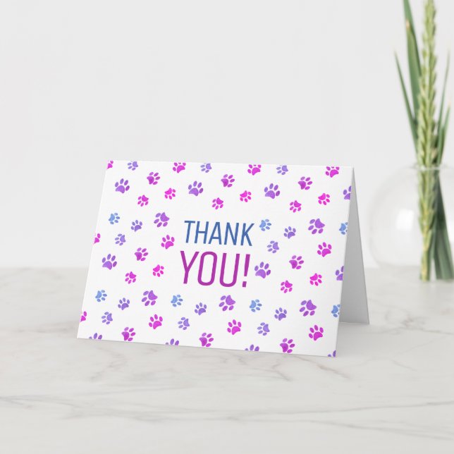 Pink Purple Blue Paw Prints Pattern Thank You Card (Front)