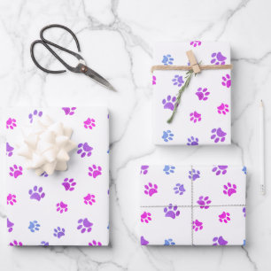 Pink Purple Blue Paw Prints Pattern Wrapping Paper Sheet