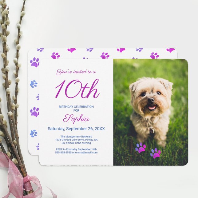 Pink Purple Blue Paw Prints Pet Photo Birthday Invitation (Creator Uploaded)