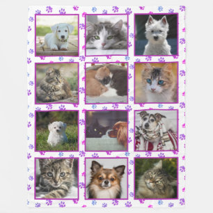 Pink Purple Blue Paw Prints Pet Photo Collage Fleece Blanket