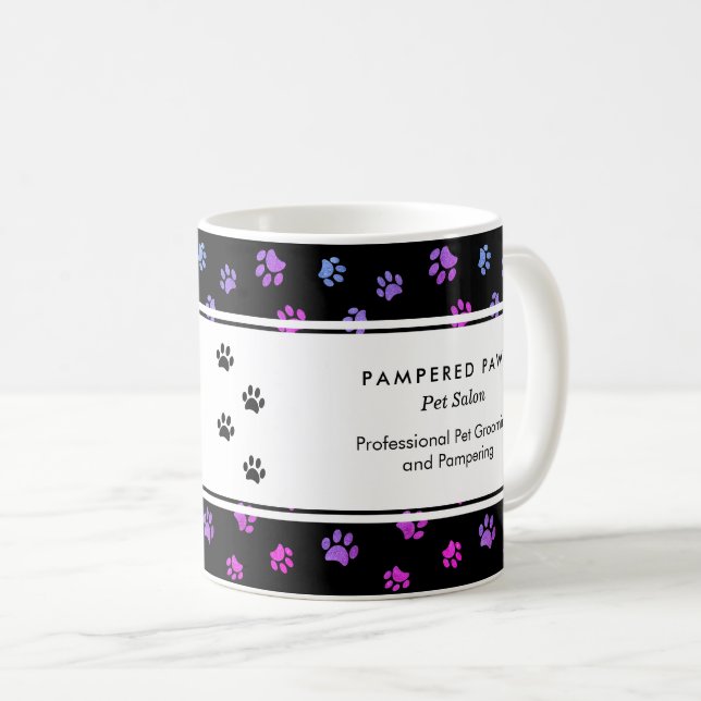 Pink Purple Blue Paw Prints Professional Pet Salon Coffee Mug (Front Right)