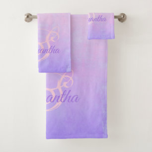 Pink Purple Blue rustic monogram Bath Towel Set