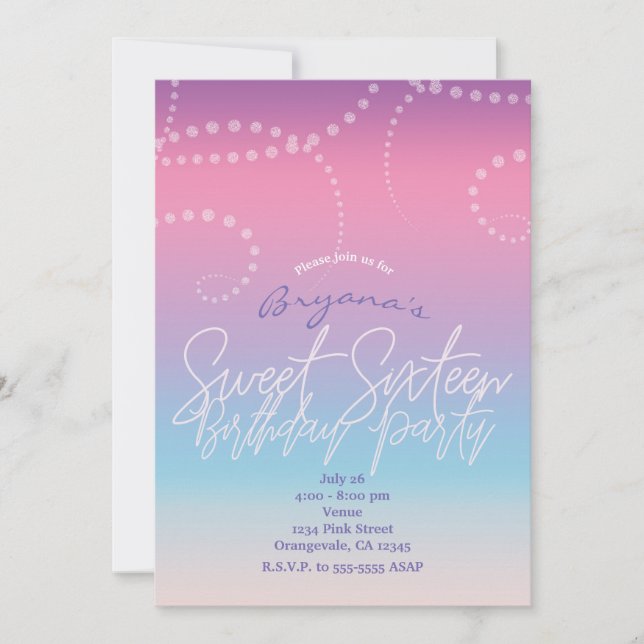 Pink Purple Blue Sweet Sixteen 16 Party Invitation (Front)