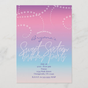 Pink Purple Blue Sweet Sixteen 16 Party Invitation