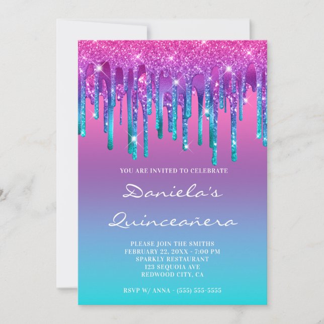 Pink Purple Blue Teal Drip Gradient Quinceañera Invitation (Front)