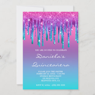 Pink Purple Blue Teal Drip Gradient Quinceañera Invitation
