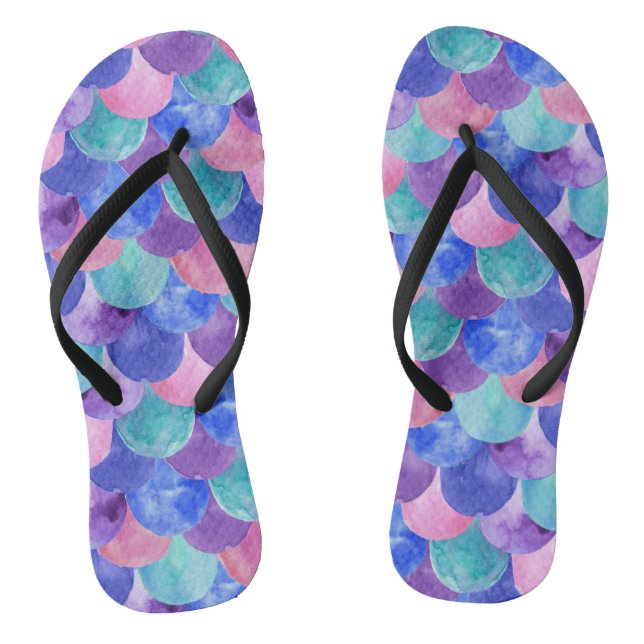 Pink Purple Blue Teal Watercolor Mermaid Scales Flip Flops (Footbed)