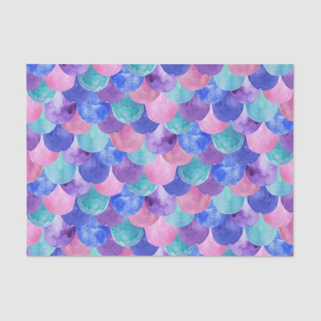 Pink Purple Blue Teal Watercolor Mermaid Scales Tissue Paper (Front)