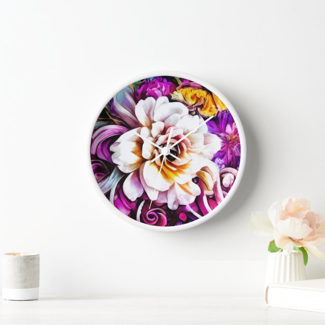 Pink Purple Blue Teal White Garden Flowers Fantasy Clock (Home)