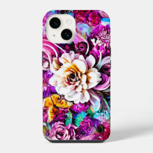 Pink Purple Blue Teal White Garden Flowers Fantasy iPhone 14 Case