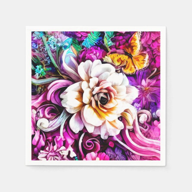 Pink Purple Blue Teal White Garden Flowers Fantasy Napkin (Front)
