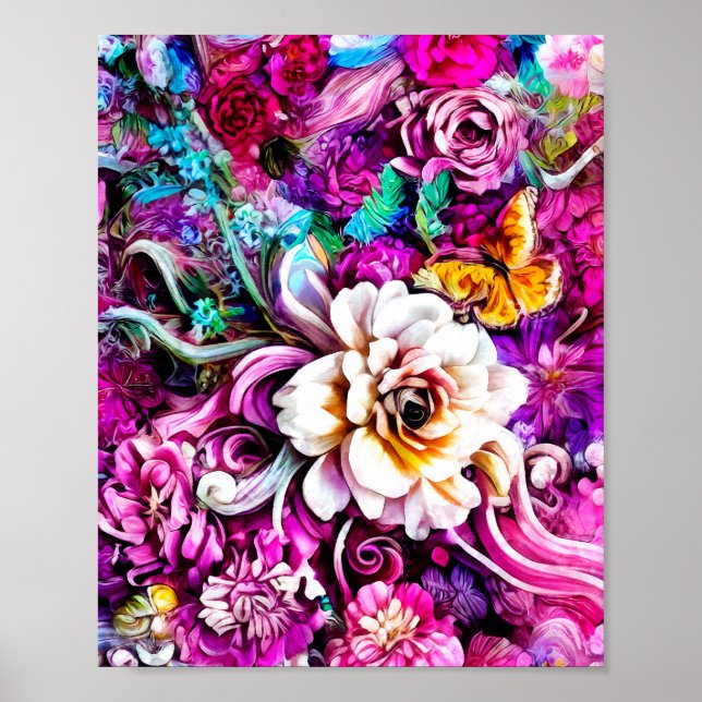 Pink Purple Blue Teal White Garden Flowers Fantasy Poster (Front)