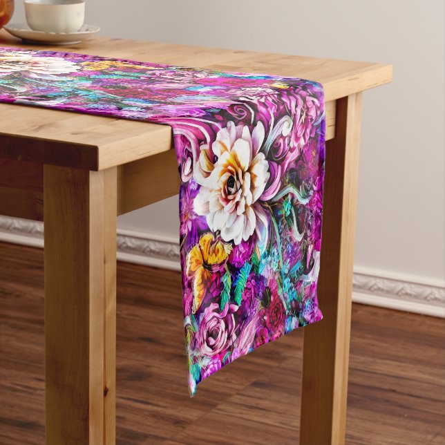 Pink Purple Blue Teal White Garden Flowers Fantasy Short Table Runner (In Situ)