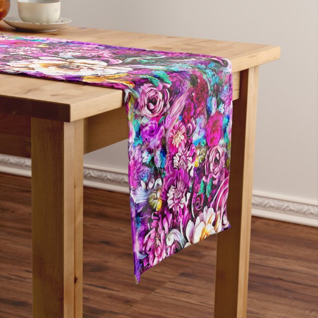 Pink Purple Blue Teal White Garden Flowers Fantasy Short Table Runner (In Situ)