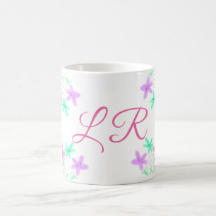 pink purple blue watercolor floral monogram letter coffee mug