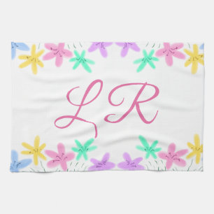 pink purple blue watercolor floral monogram letter tea towel