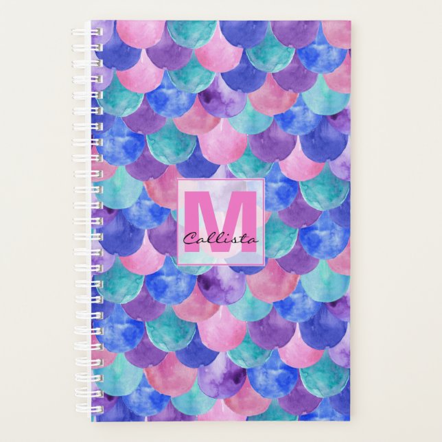 Pink Purple Blue Watercolor Mermaid Scale Monogram Planner (Front)