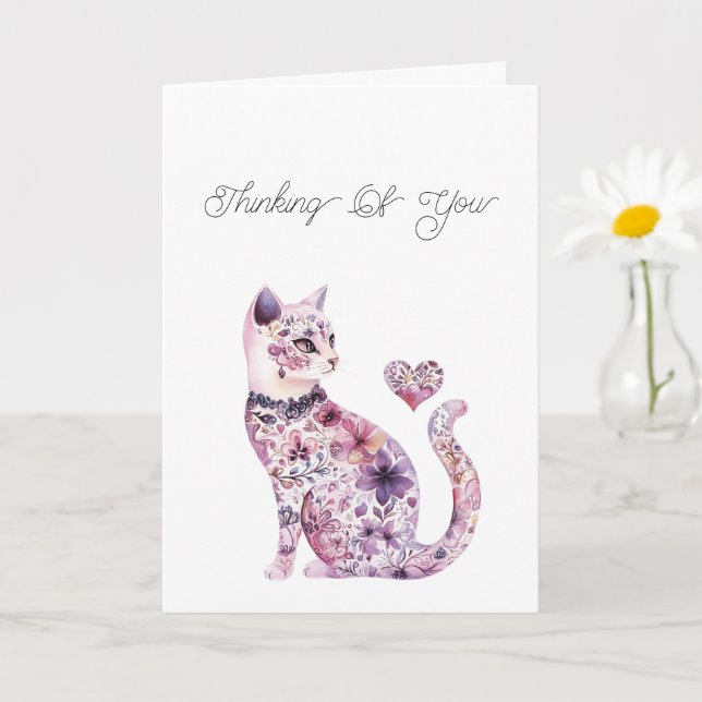 Pink Purple Blush Floral Heart Cat Thinking of you Card (Small Plant)