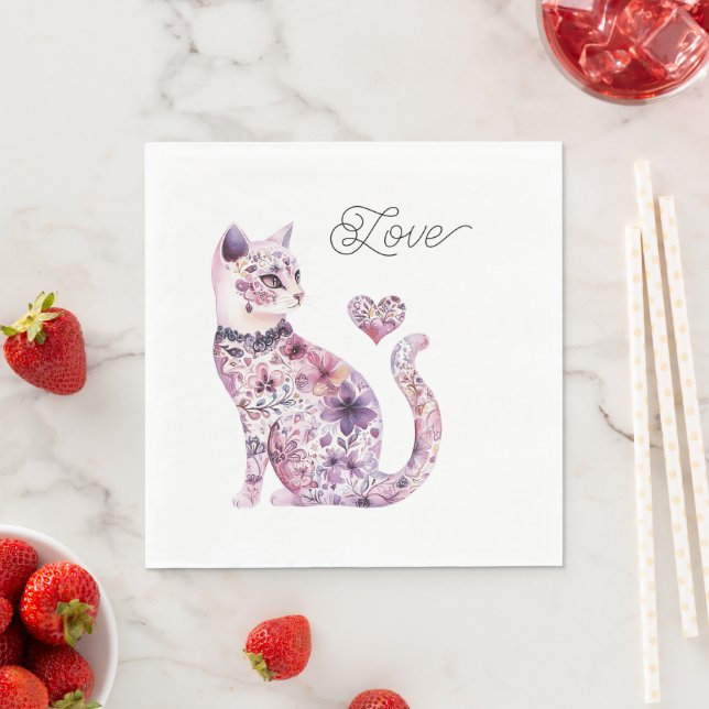 Pink Purple Blush Flowers Heart Love Cat Birthday Napkin (Insitu)