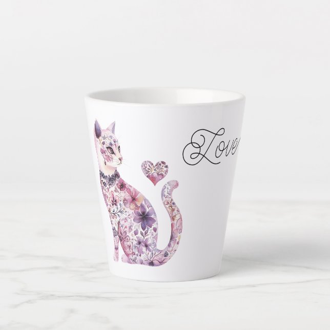Pink Purple Blush Flowers Heart Love Cat Latte Mug (Front)