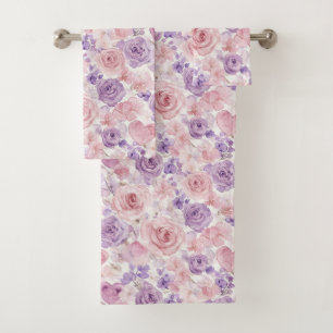 Pink Purple Blush Flowers Hearts   Bath Towel Set