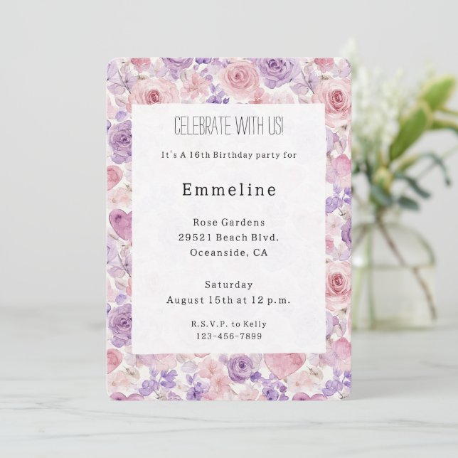 Pink Purple Blush Flowers Hearts Birthday Invitation (Standing Front)