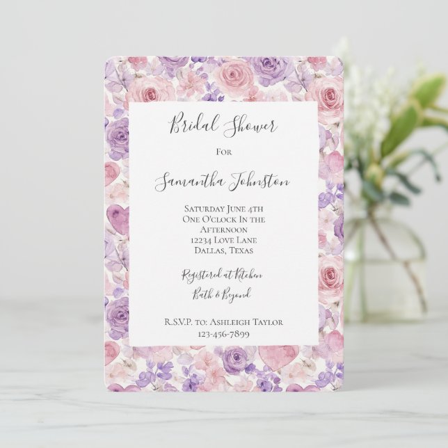 Pink Purple Blush Flowers Hearts Bridal Shower Invitation (Standing Front)