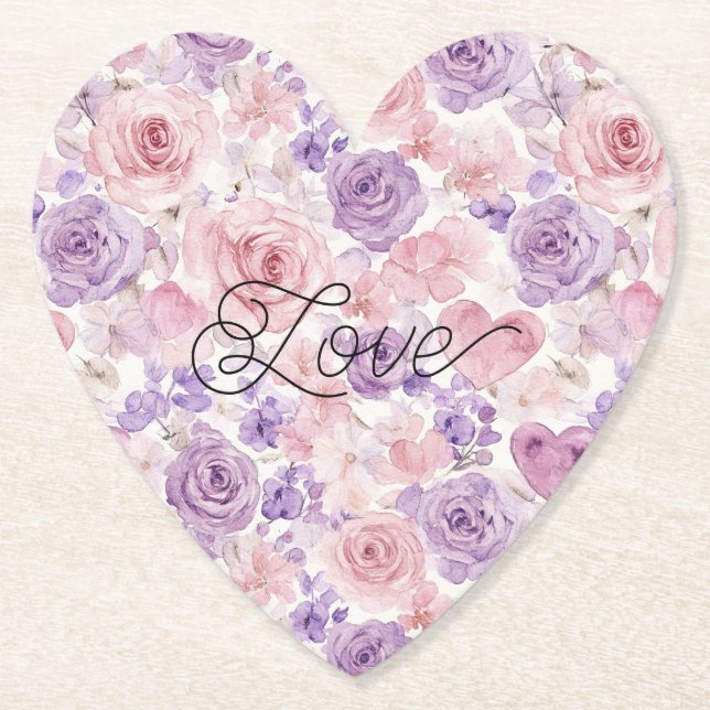 Pink Purple Blush Flowers Hearts Bridal Shower Paper Coaster (Front)