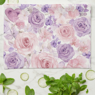 Pink Purple Blush Flowers Hearts Tea Towel