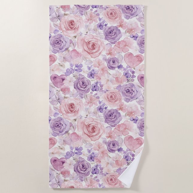 Pink Purple Blush Flowers Hearts Valentine's Day Beach Towel (Front)