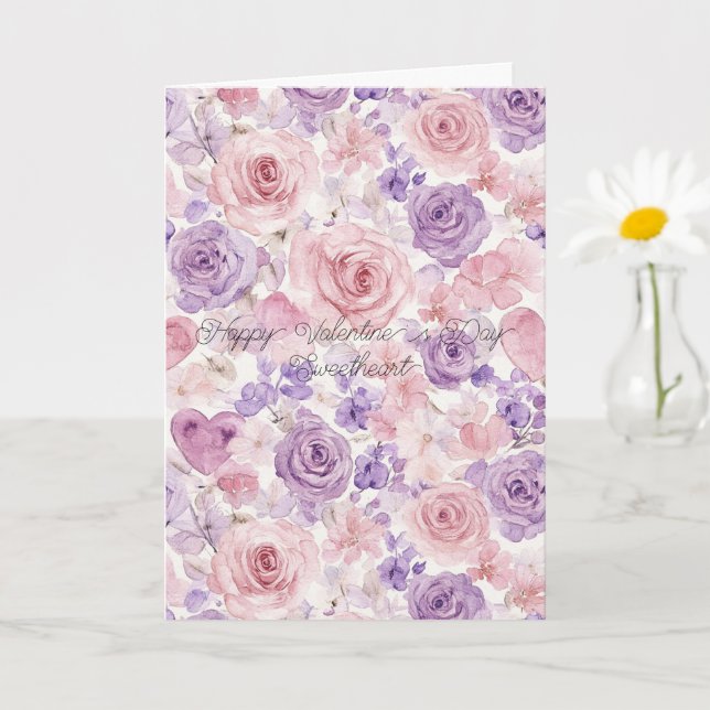 Pink Purple Blush Flowers Hearts Valentine's Day Card (Small Plant)