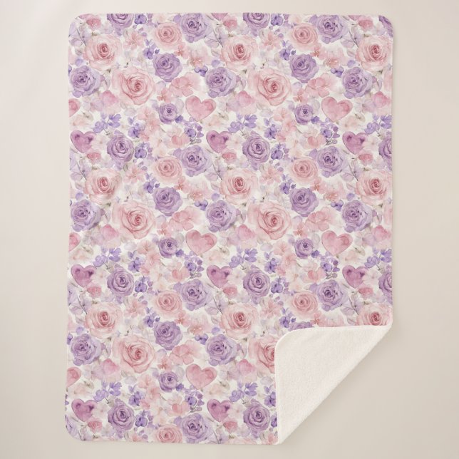 Pink Purple Blush Flowers Hearts Valentine's Day Sherpa Blanket (Front)