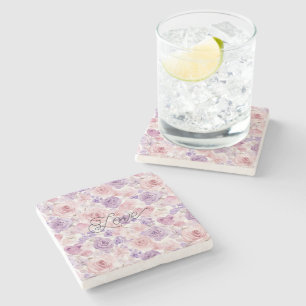 Pink Purple Blush Flowers Hearts Valentine's Day Stone Coaster