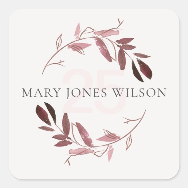 PINK PURPLE BLUSH FOLIAGE WREATH ANY AGE BIRTHDAY SQUARE STICKER (Front)