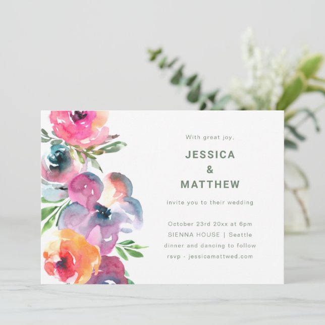 Pink Purple Boho Watercolor Floral Garden Wedding Invitation (Standing Front)