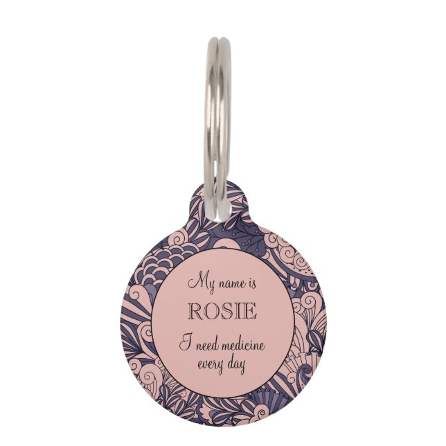 Pink & Purple Botanical Personalised Small Pet Tag (Front)