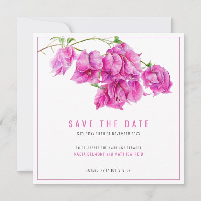 Pink purple bougainvillea floral art wedding save the date (Front)