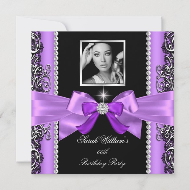Pink Purple Bow Birthday Party Black Silver Photo Invitation (Front)