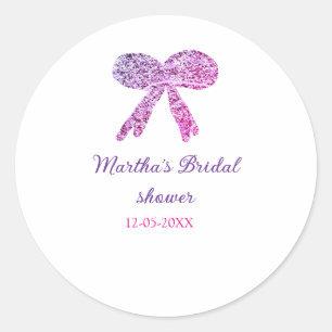 Pink purple bow sparkle glitter bridal shower name classic round sticker