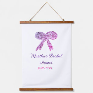 Pink purple bow sparkle glitter bridal shower name hanging tapestry