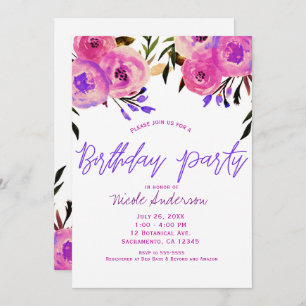 Pink & Purple Bright Modern Floral Birthday Party Invitation