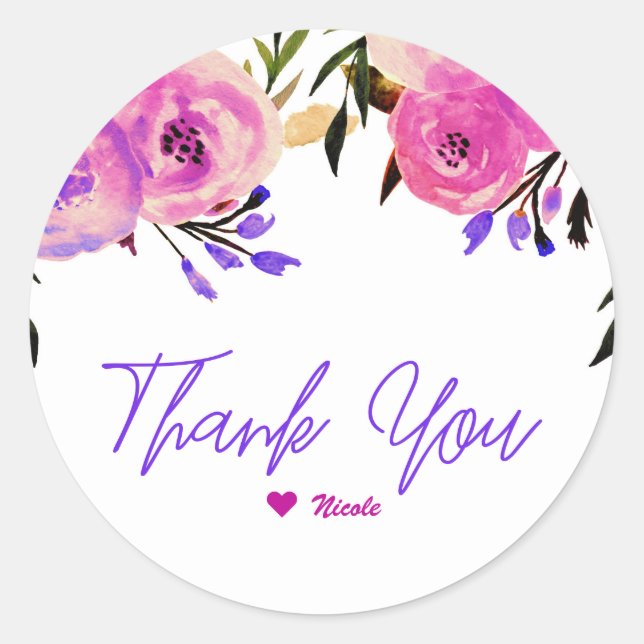Pink & Purple Bright Modern Floral Bridal Shower Classic Round Sticker (Front)