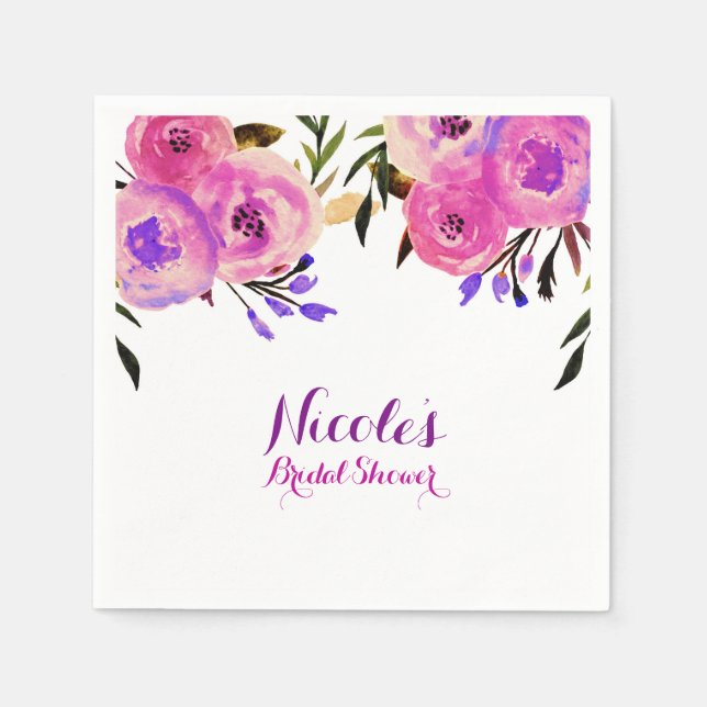 Pink & Purple Bright Modern Floral Bridal Shower Napkin (Front)