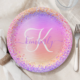 Pink Purple Brushed Metal Glitter Monogram Name Paper Plate