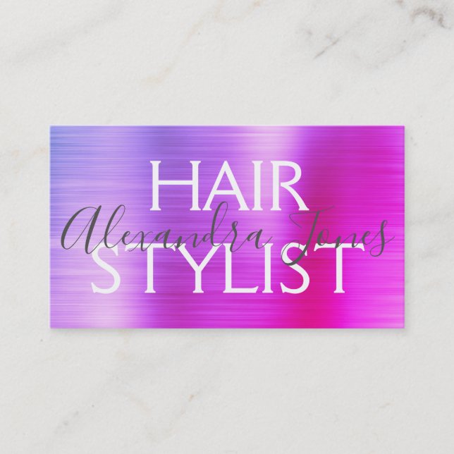 Pink Purple Brushed Metal Hair Stylist Business Card (Front)