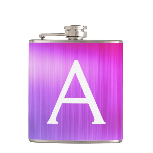 Pink - Purple Brushed Metal Monogram Name Hip Flask (Front)