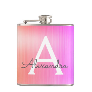 Pink - Purple Brushed Metal Monogram Name Hip Flask